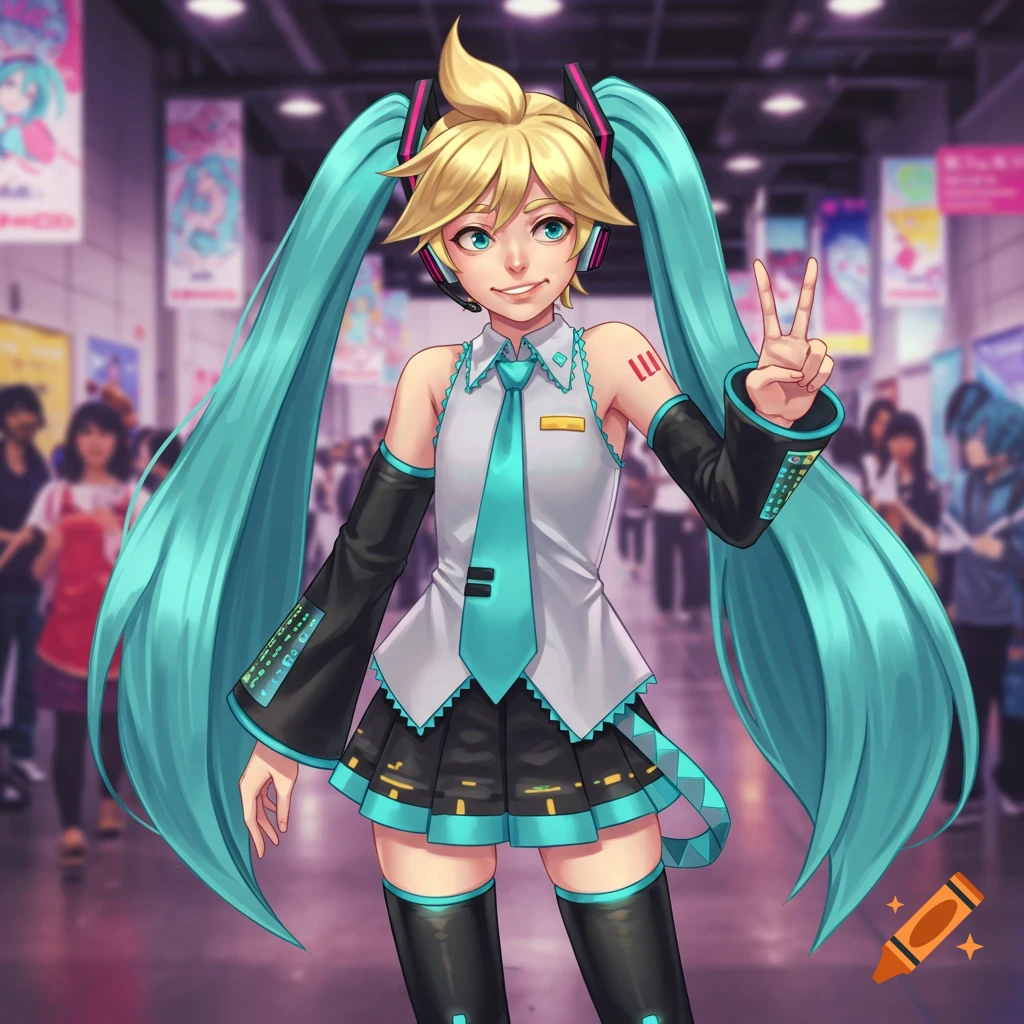 An anime-style character with blonde hair and long teal pigtails, dressed in a Hatsune Miku costume, making a peace sign in an indoor convention setting.