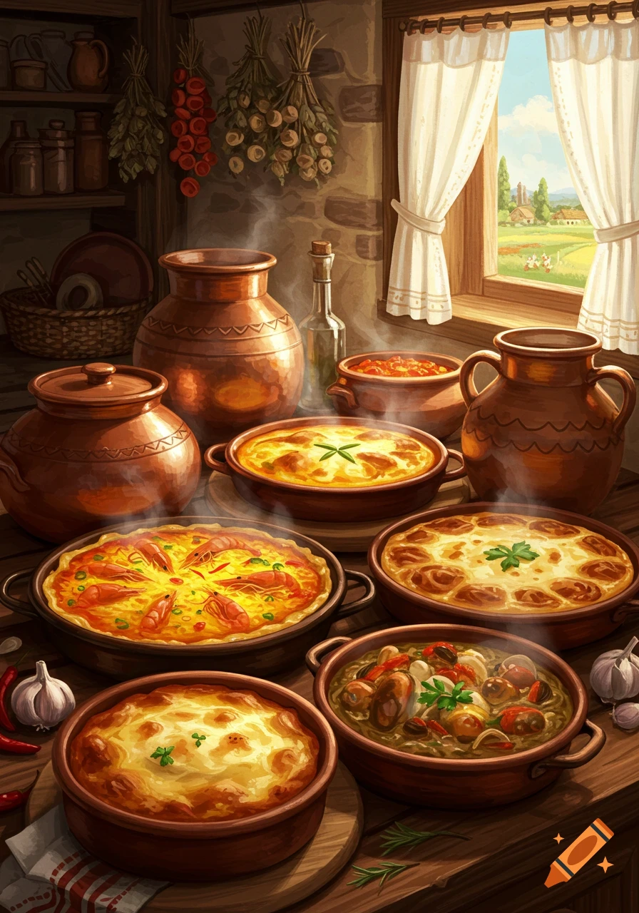 A rustic kitchen scene featuring multiple steaming clay pots and pans filled with various traditional and regional dishes like paella and casseroles, with a countryside view through a window.
