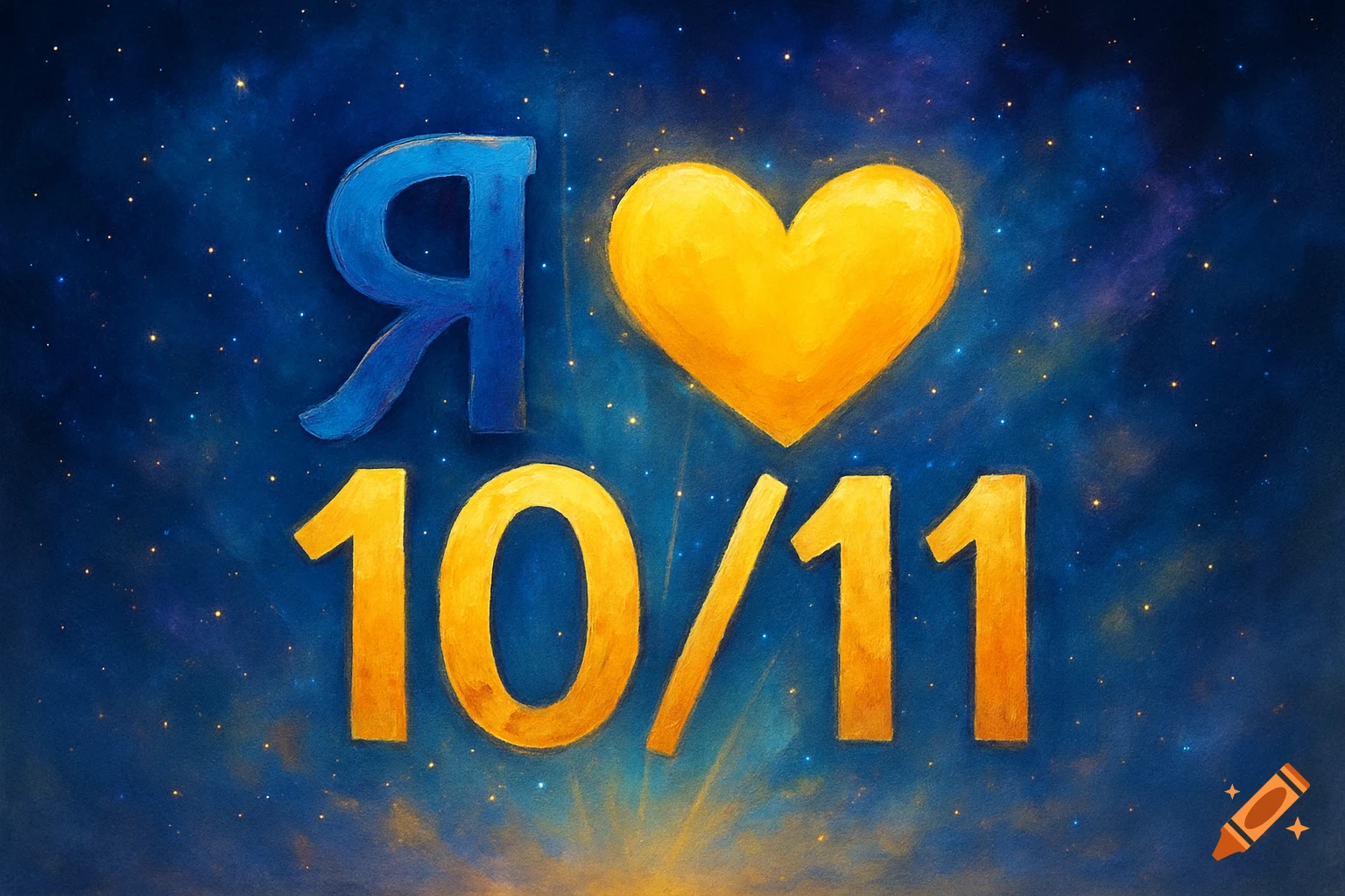 Blue Cyrillic letter 'Ya', a yellow heart, and the numbers '10/11' painted on a starry blue background with a golden glow.