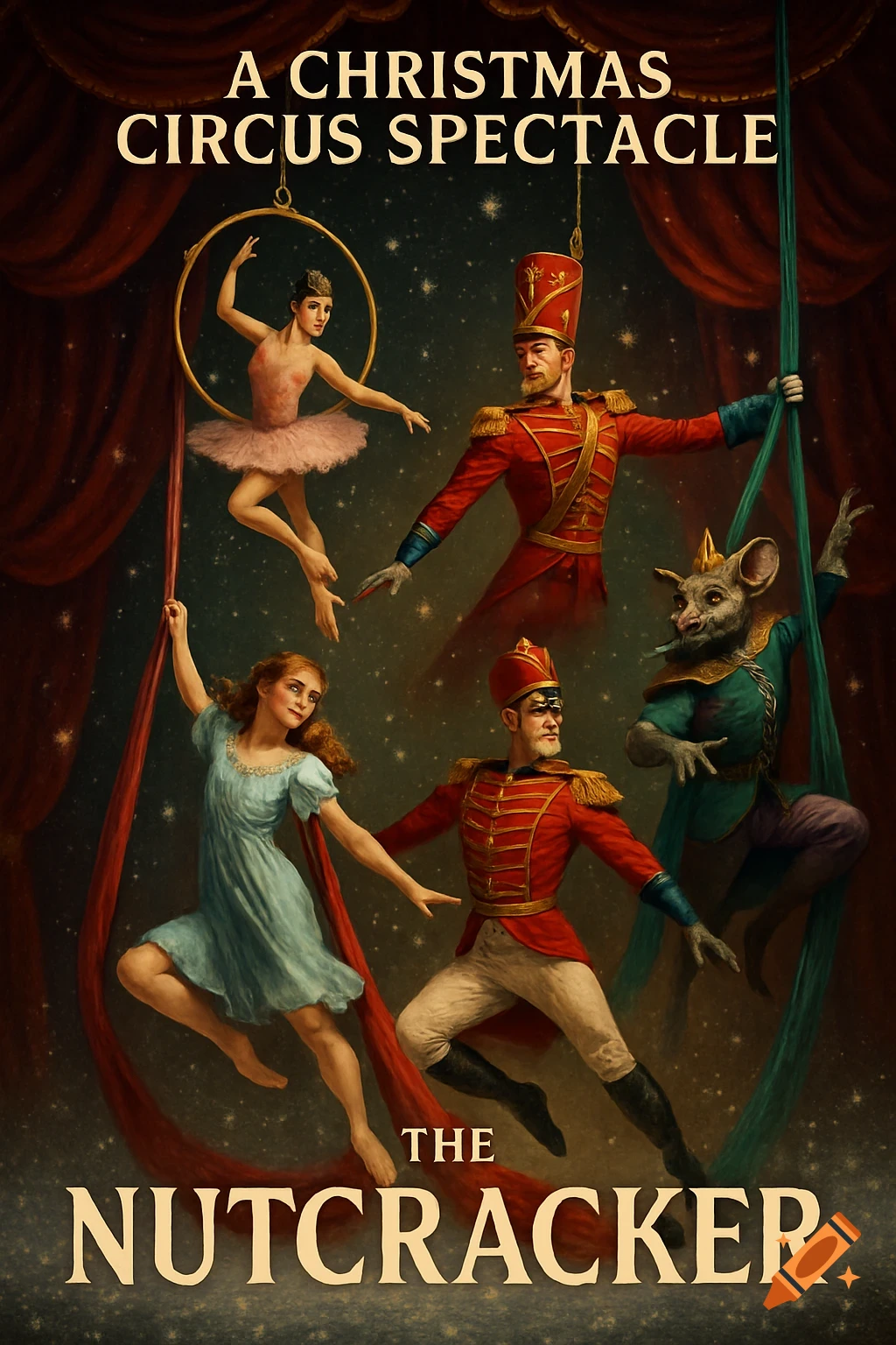 Christmas circus poster for 'The Nutcracker' featuring aerial performers dressed as classic characters amidst a starry backdrop.