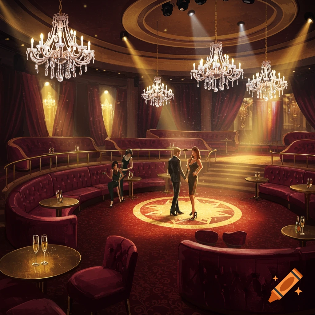 A glamorous club interior with red velvet seating, ornate chandeliers, and people socializing in a circular room with a star-patterned carpet.