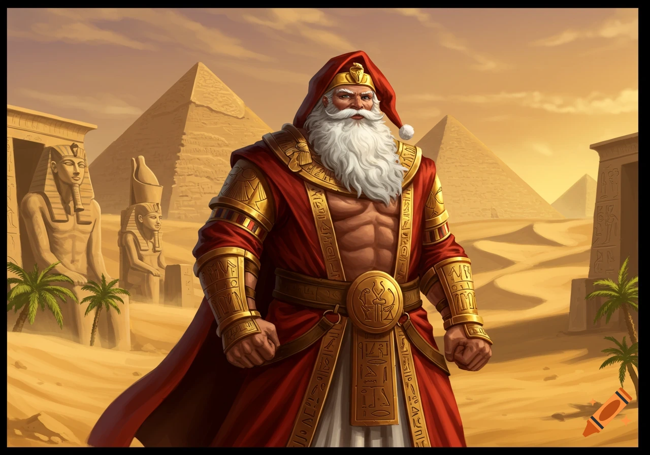 Muscular Santa Claus in a red and gold Egyptian-style outfit stands in a desert landscape with pyramids and ancient statues.