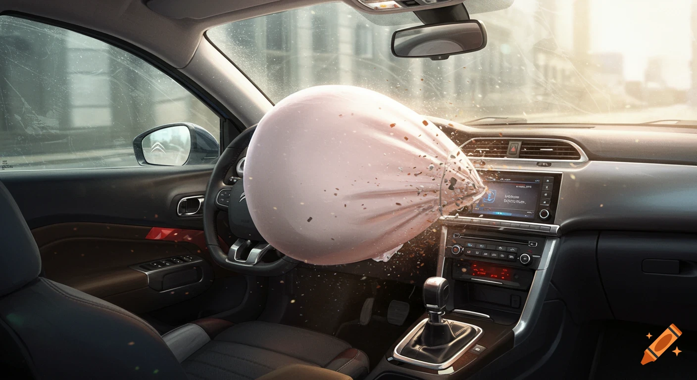 A photorealistic image from inside a car showing a white airbag fully deployed and expanded from the steering wheel, with small debris flying around in a bright interior.