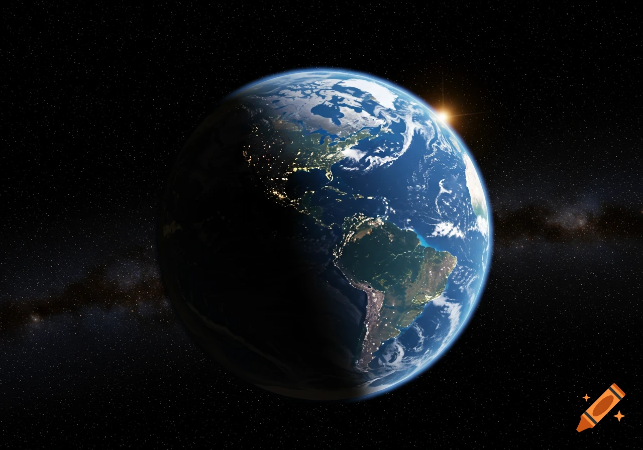 A detailed view of Earth from space, showing continents, clouds, and city lights at night, with a sun glare at the horizon.