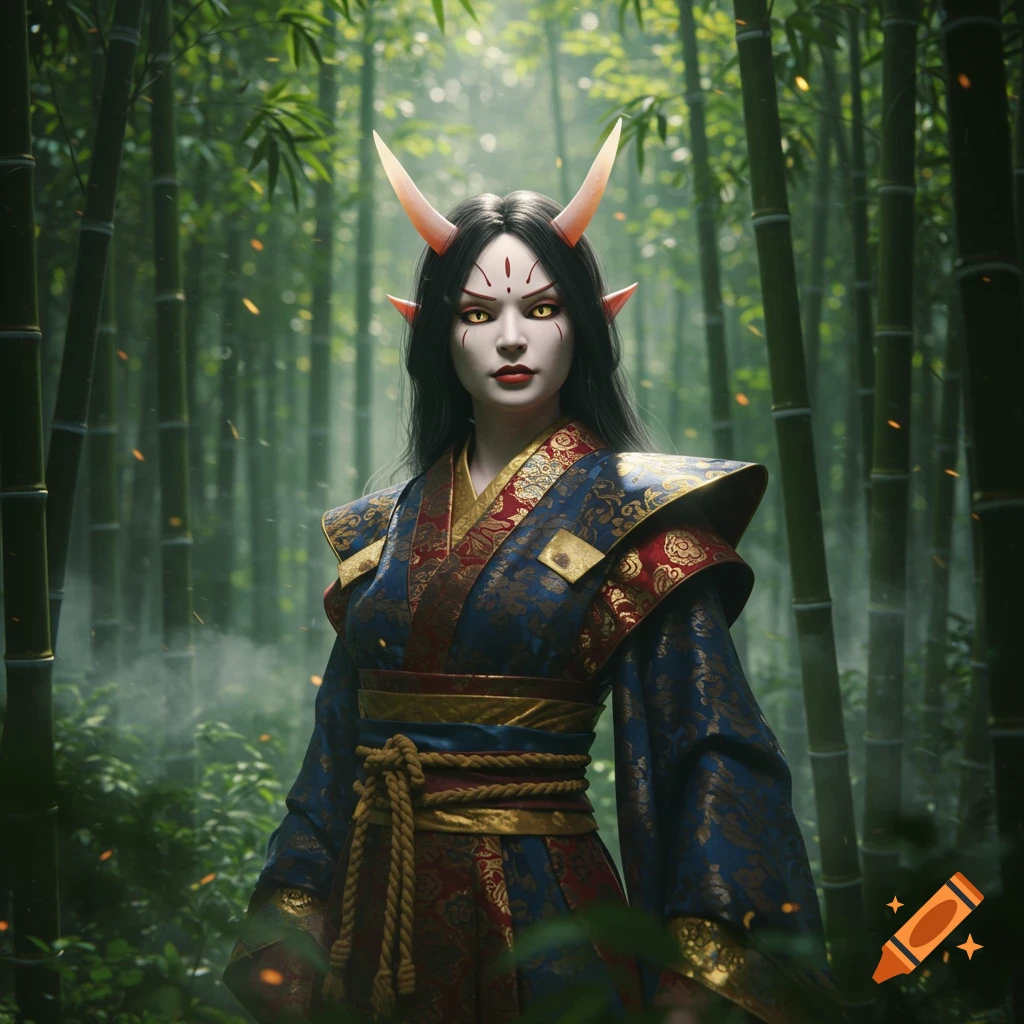 A realistic portrait of a female Oni with horns, pointed ears, and yellow eyes, wearing an elaborate blue and red kimono in a bamboo forest.