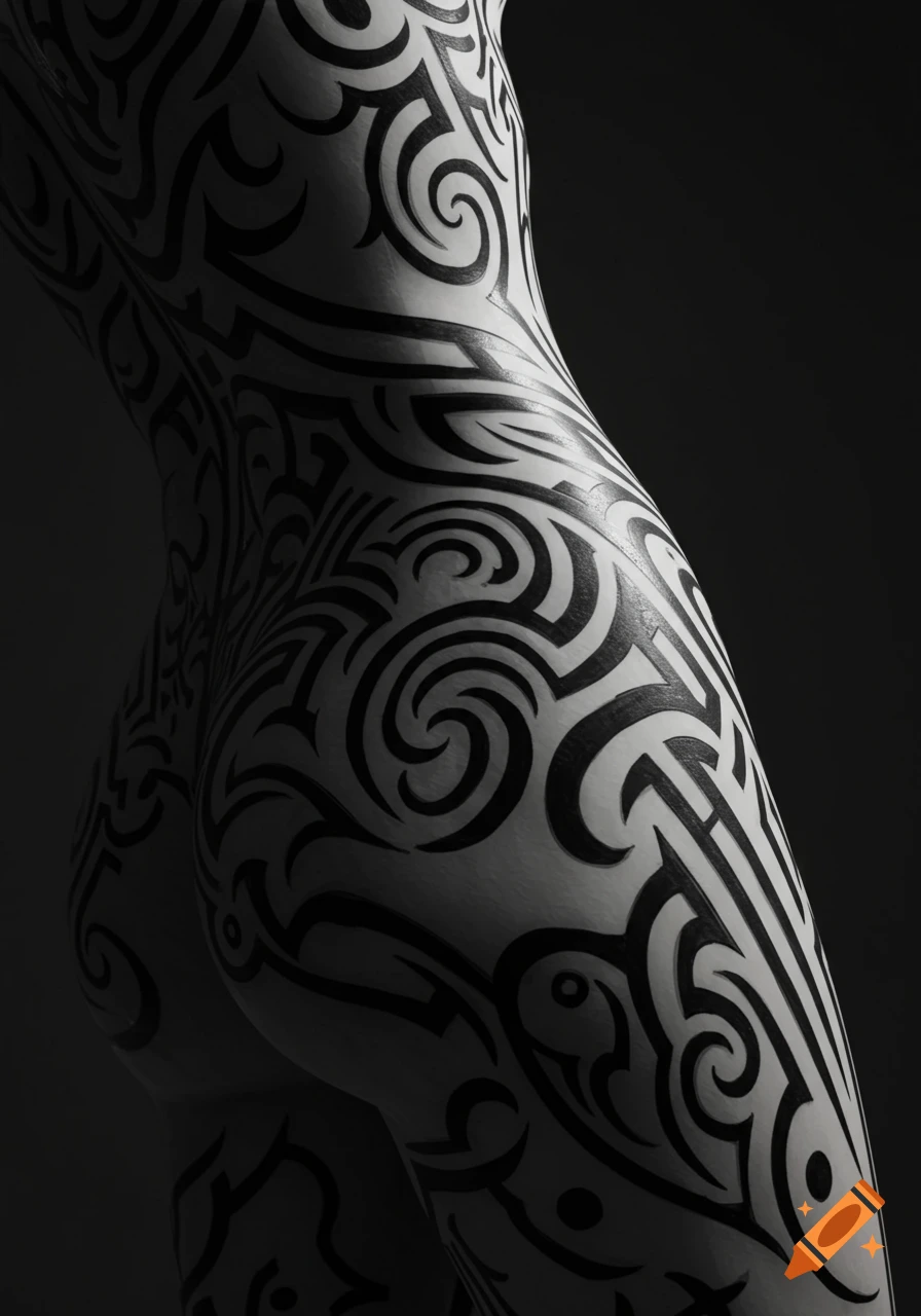 A close-up, black and white artistic shot of a person's back and side, covered in intricate black tribal body paint or tattoos, set against a dark background.