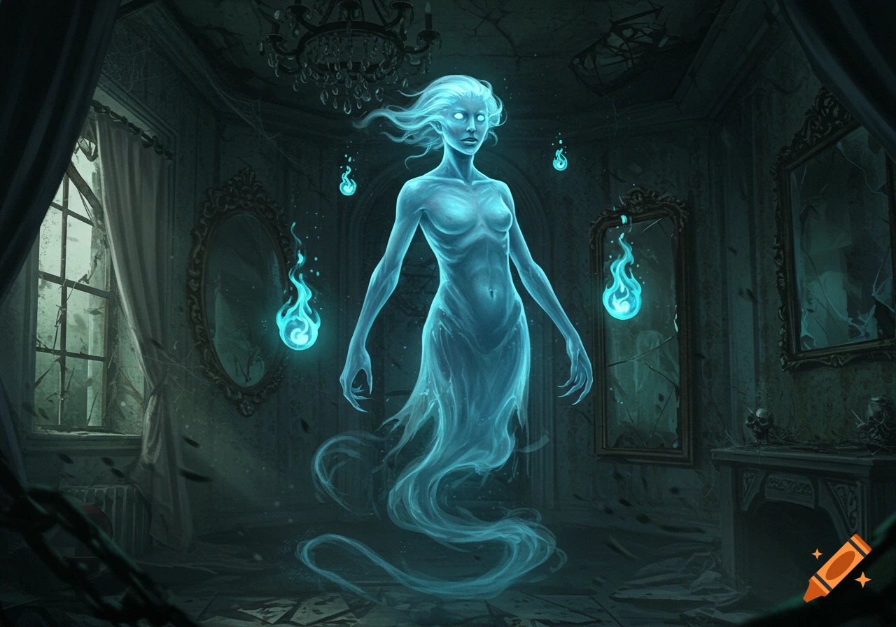 A glowing, ethereal female ghost with flowing hair and clawed hands floats in a dilapidated, dark room with broken mirrors.
