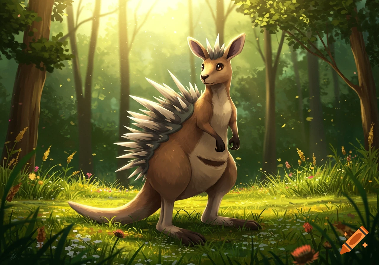 A cartoon-style kangaroo-echidna hybrid creature with spikes on its back stands in a sunlit forest clearing.