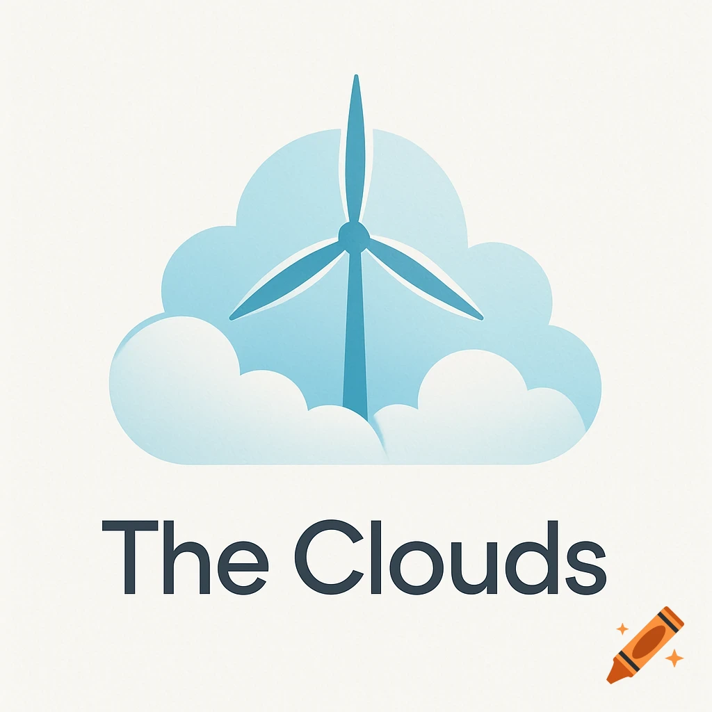 A minimalist logo featuring a blue windmill inside a light blue cloud, with text 'The Clouds' below.