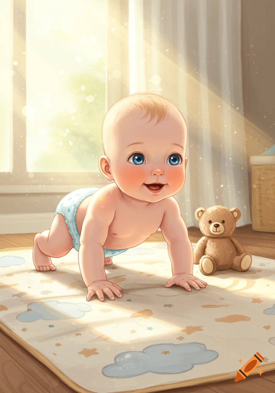 A cute, smiling cartoon baby in a blue diaper crawls on a patterned playmat beside a teddy bear, with sunlight in the background.