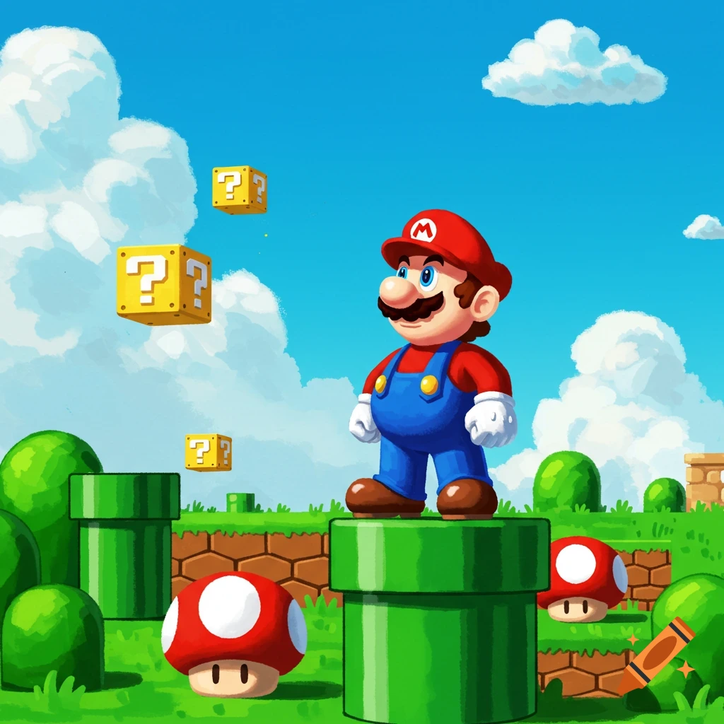 A colorful cartoon illustration of Mario standing on a green pipe in a vibrant landscape with question mark blocks and mushrooms under a blue sky.