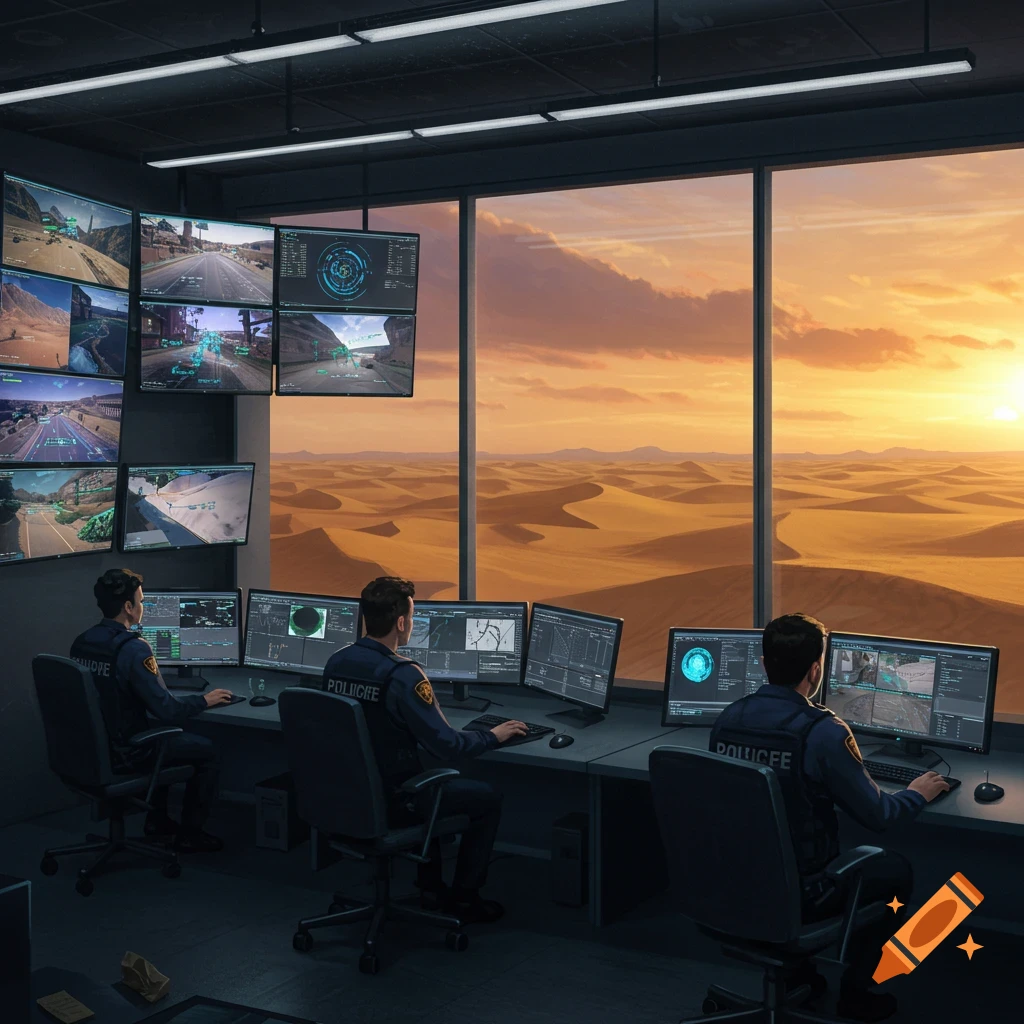 Three men in police uniforms monitor multiple screens showing surveillance footage and data in a control room overlooking a vast desert at sunset.