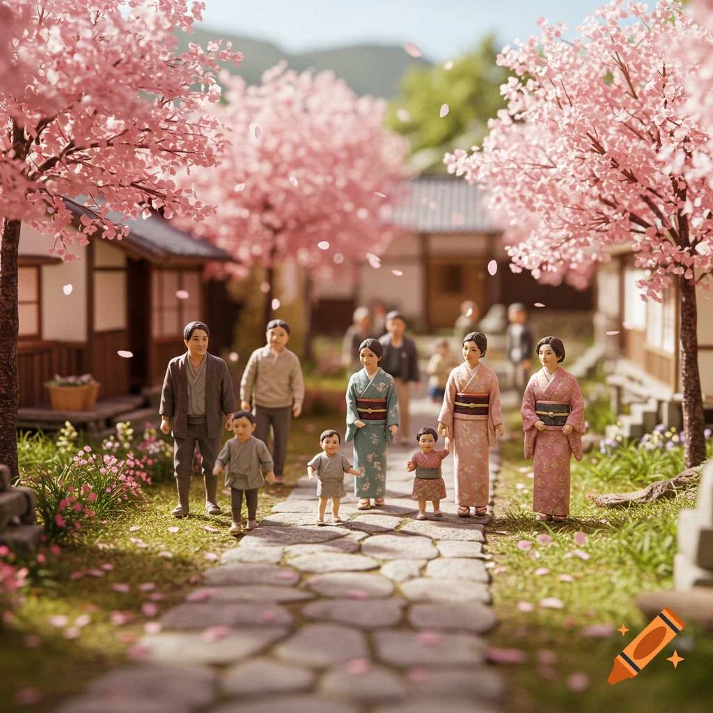Miniature models of Japanese families walk on a stone path under pink cherry blossom trees, with traditional houses in the background.