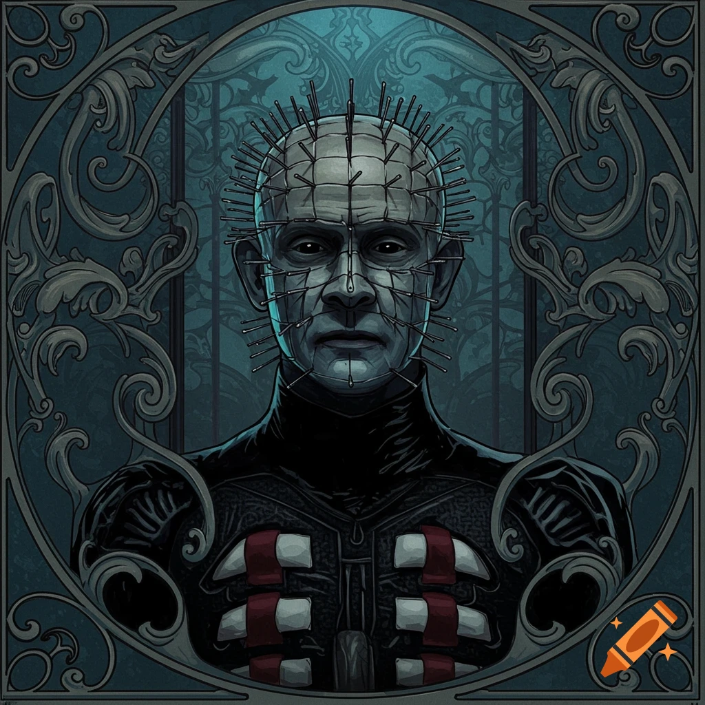 Stylized illustration of Pinhead from Hellraiser in a dark Art Nouveau frame.