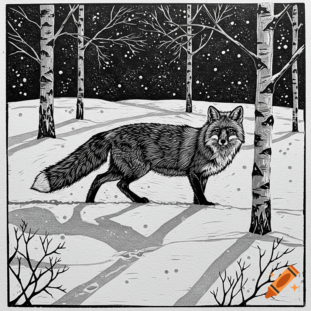 A black and white linocut shows a fox standing in a snowy forest under a star-filled night sky with bare trees.