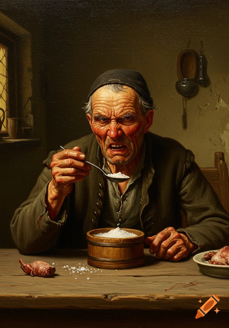 Oil painting of an old man with a furious expression eating salt from a wooden bowl with a spoon.