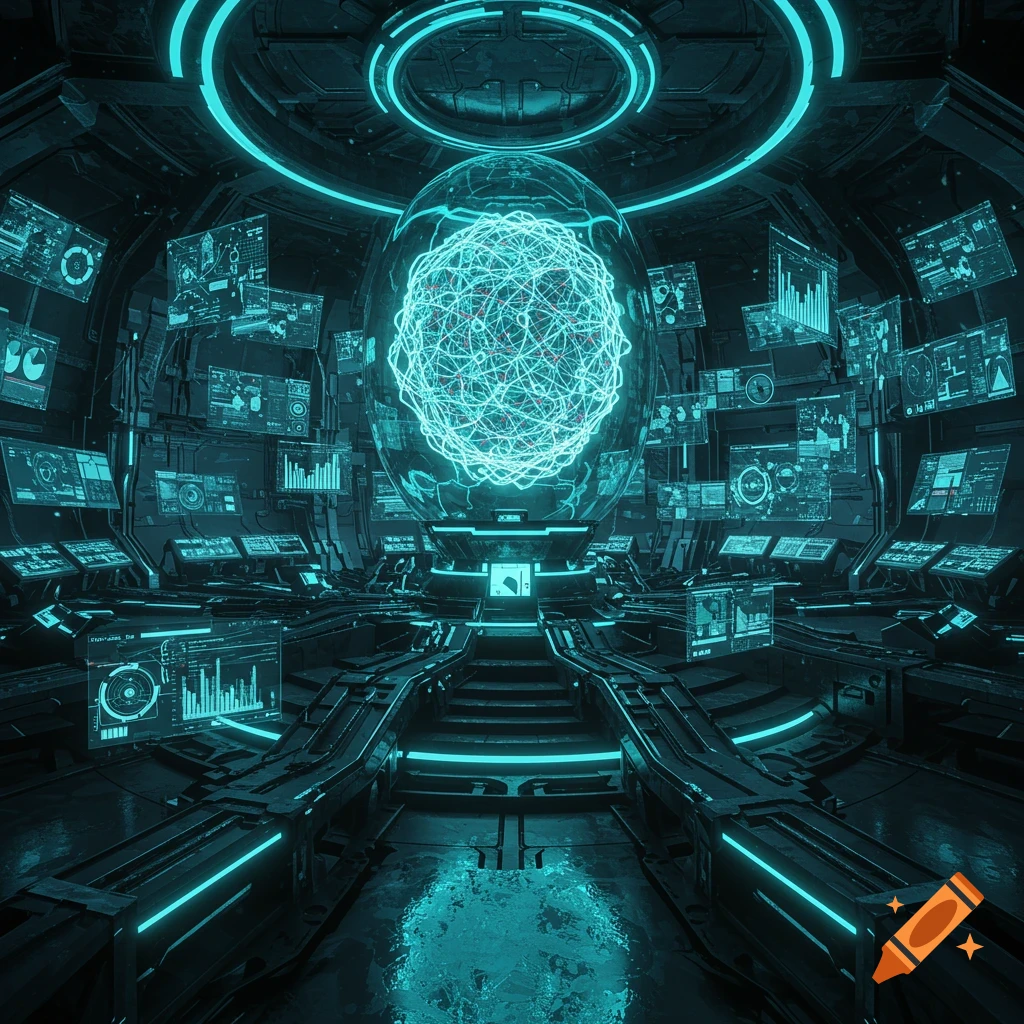 Futuristic control room with a large glowing blue data sphere at the center, surrounded by numerous holographic screens displaying complex data.