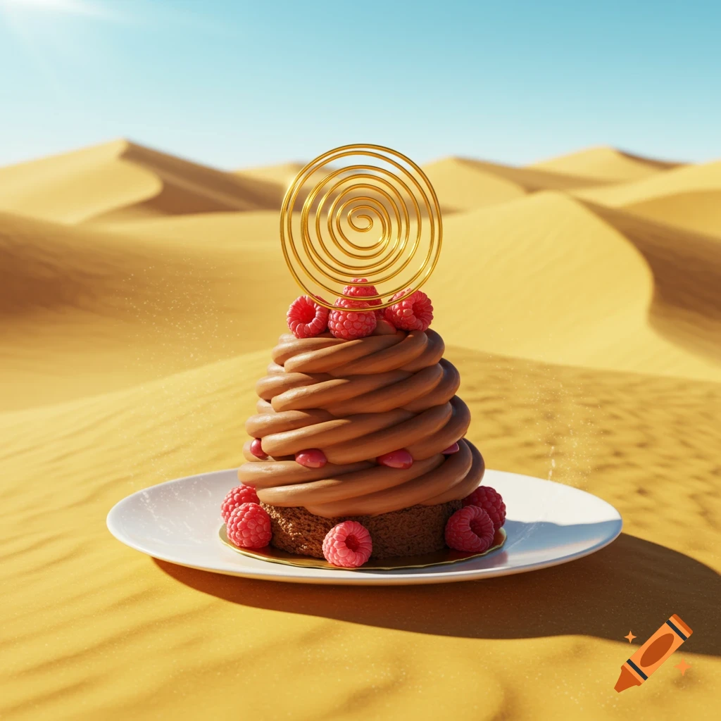 A chocolate cupcake with whipped frosting, raspberries, and a gold spiral topper, sitting on a white plate in a sandy desert under a clear blue sky.