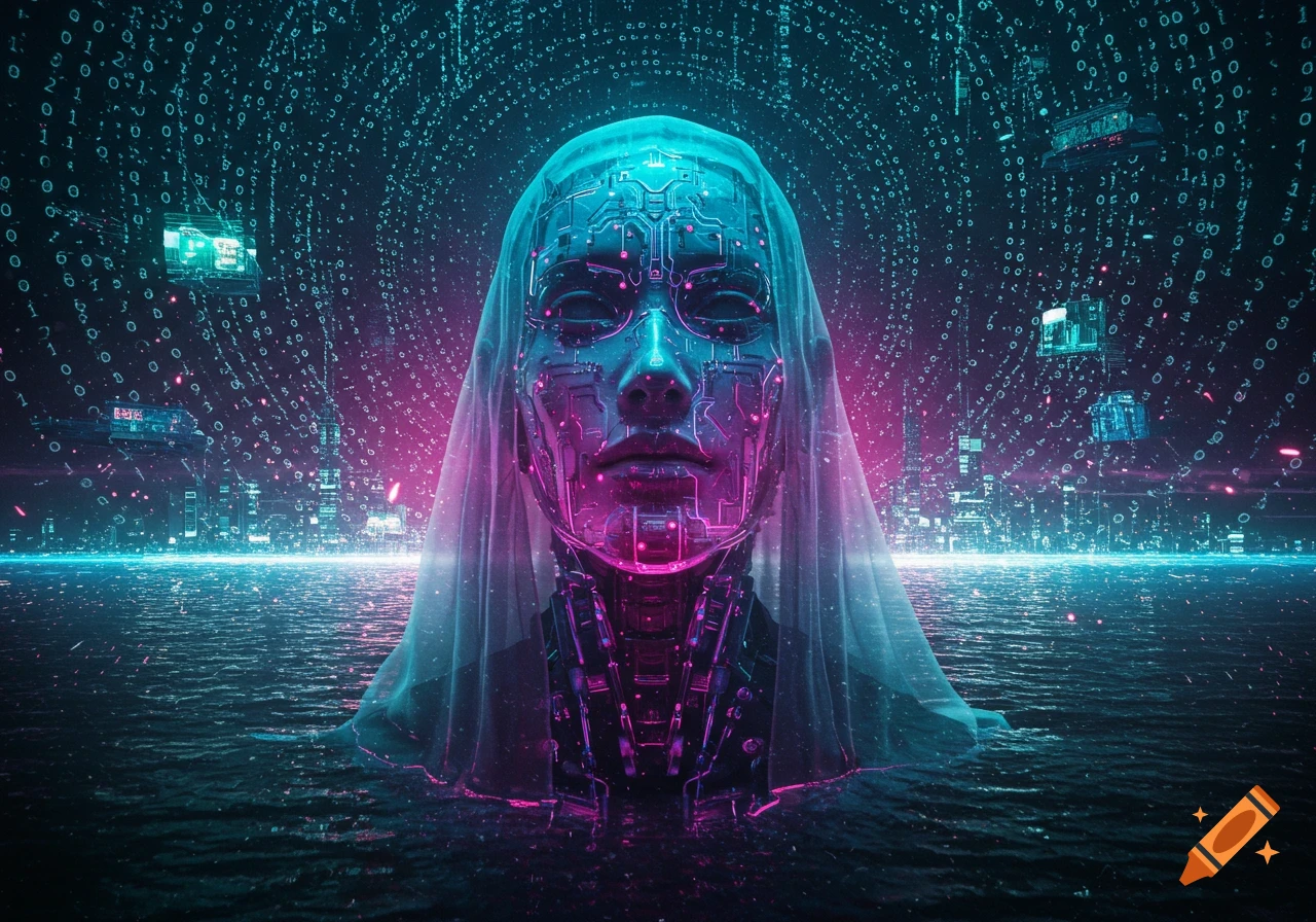 A glowing cyan and magenta cyborg head with circuit patterns emerges ...