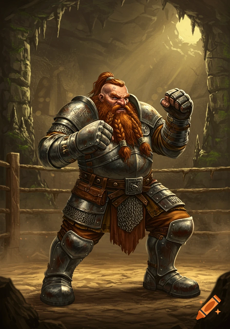 An armored dwarf with a braided red beard stands in a boxing pose within a rocky cave, illuminated by a beam of light.