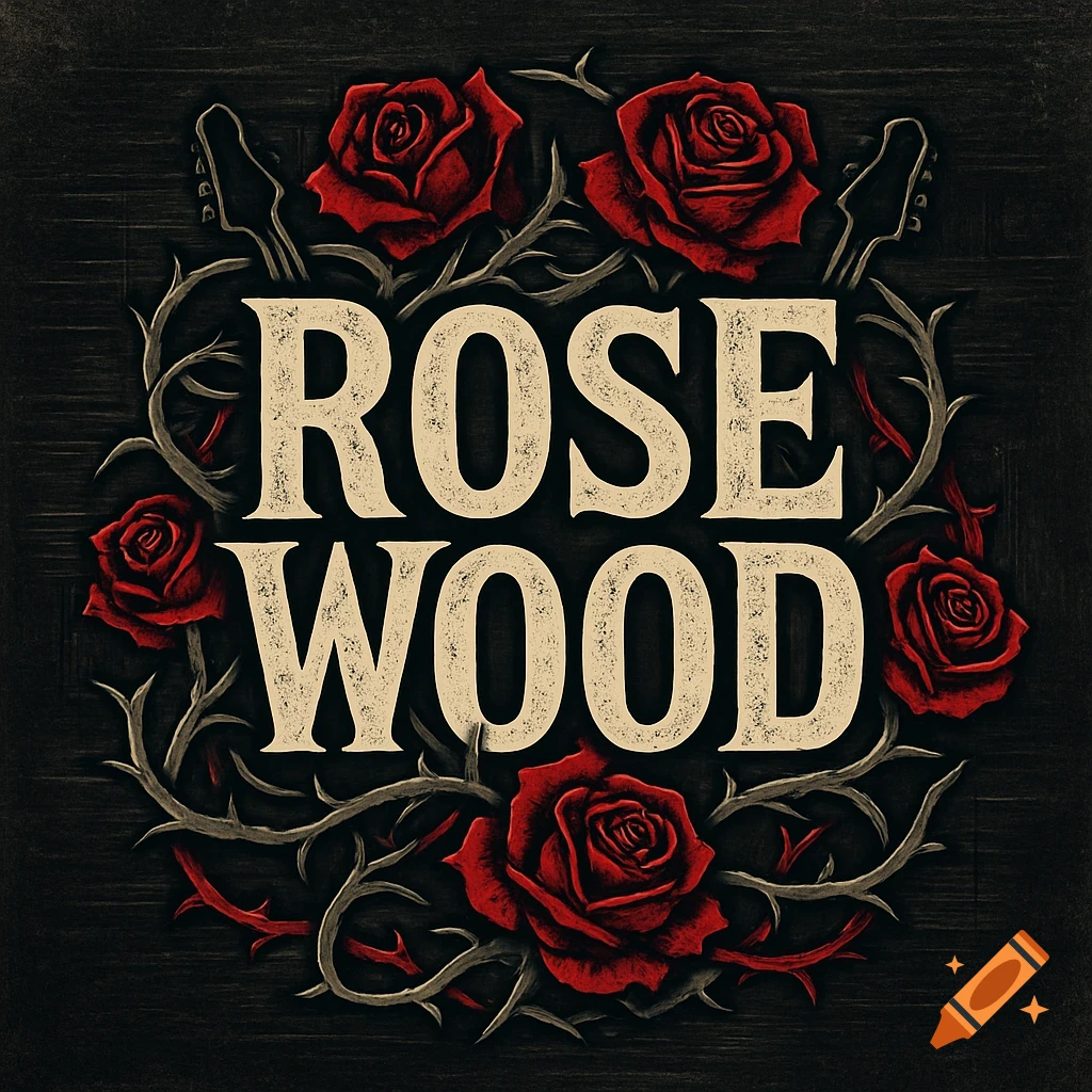 Vintage rock band logo for ROSE WOOD with red roses, thorny vines, and guitar headstocks on a dark background.