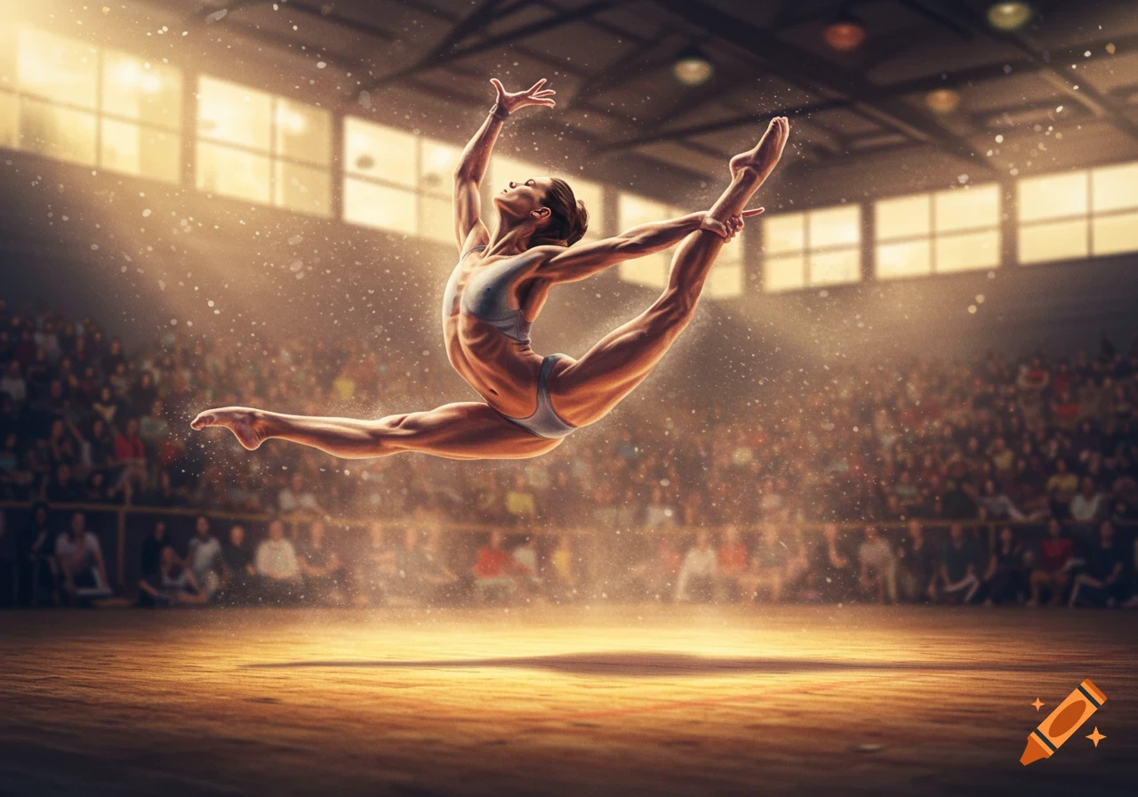 A female gymnast performs a powerful, mid-air leap in a spotlighted arena, with a blurry crowd in the background.