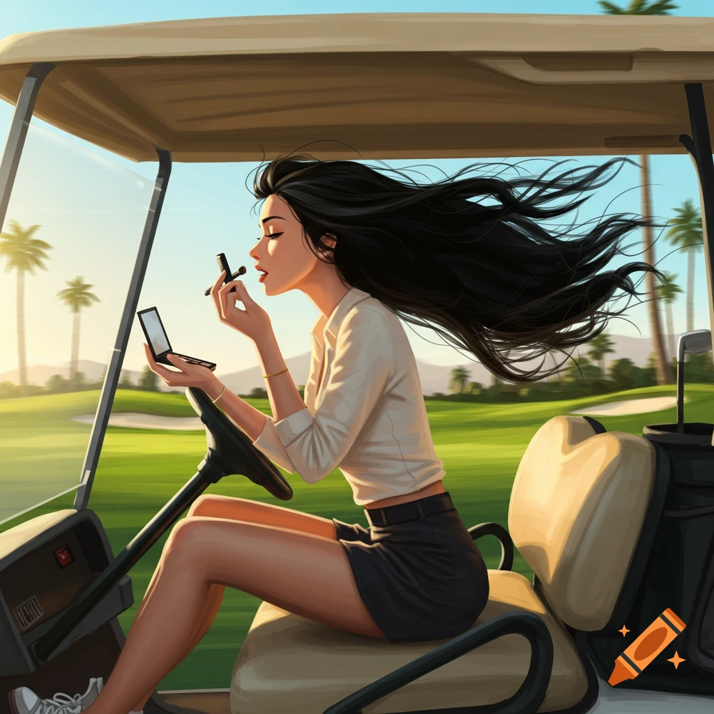 Digital art of a woman doing makeup in a speeding golf cart on a sunny golf course.