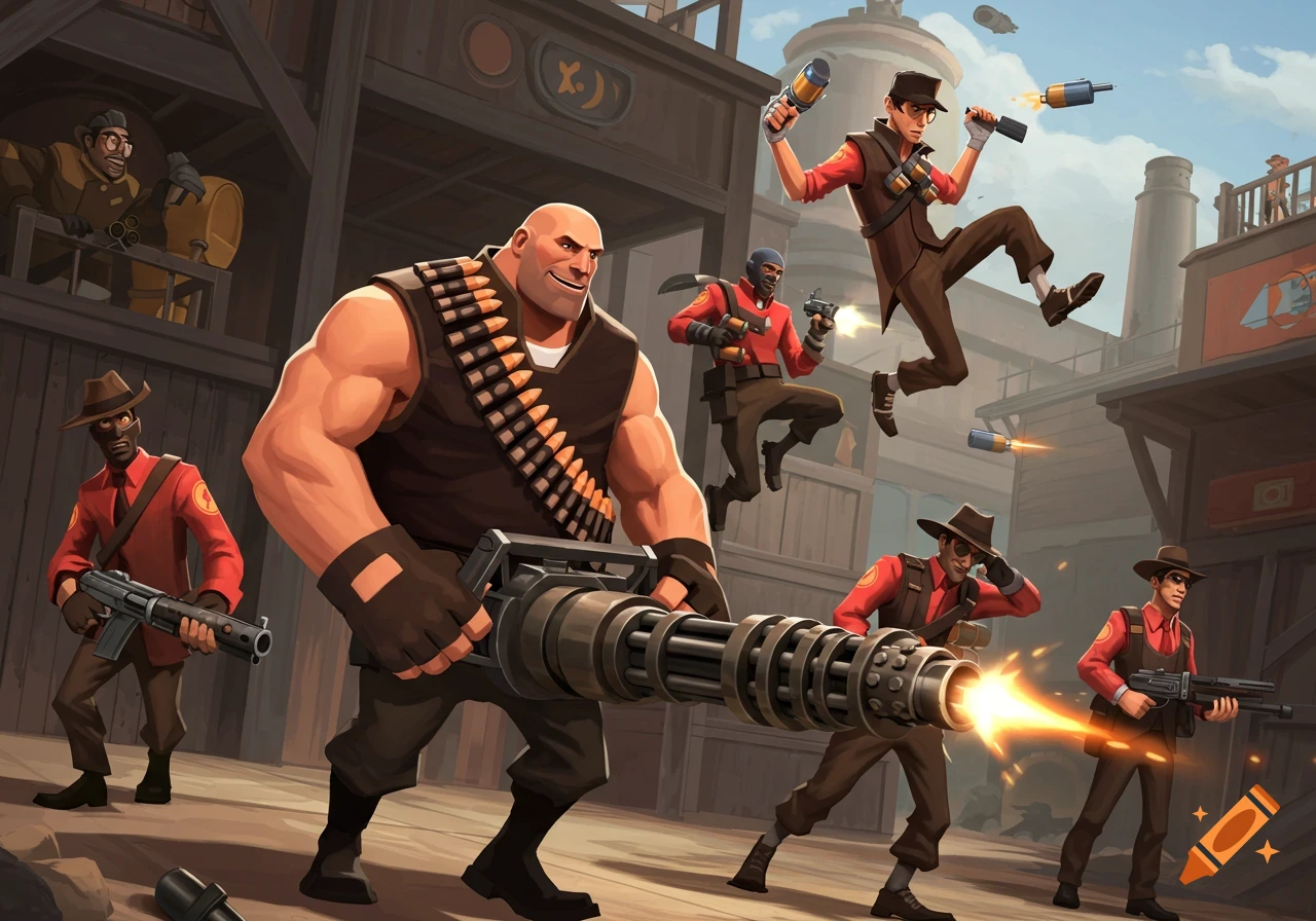 Stylized Team Fortress 2 characters, including the Heavy with a minigun and a jumping Sniper, in a dynamic battle scene.