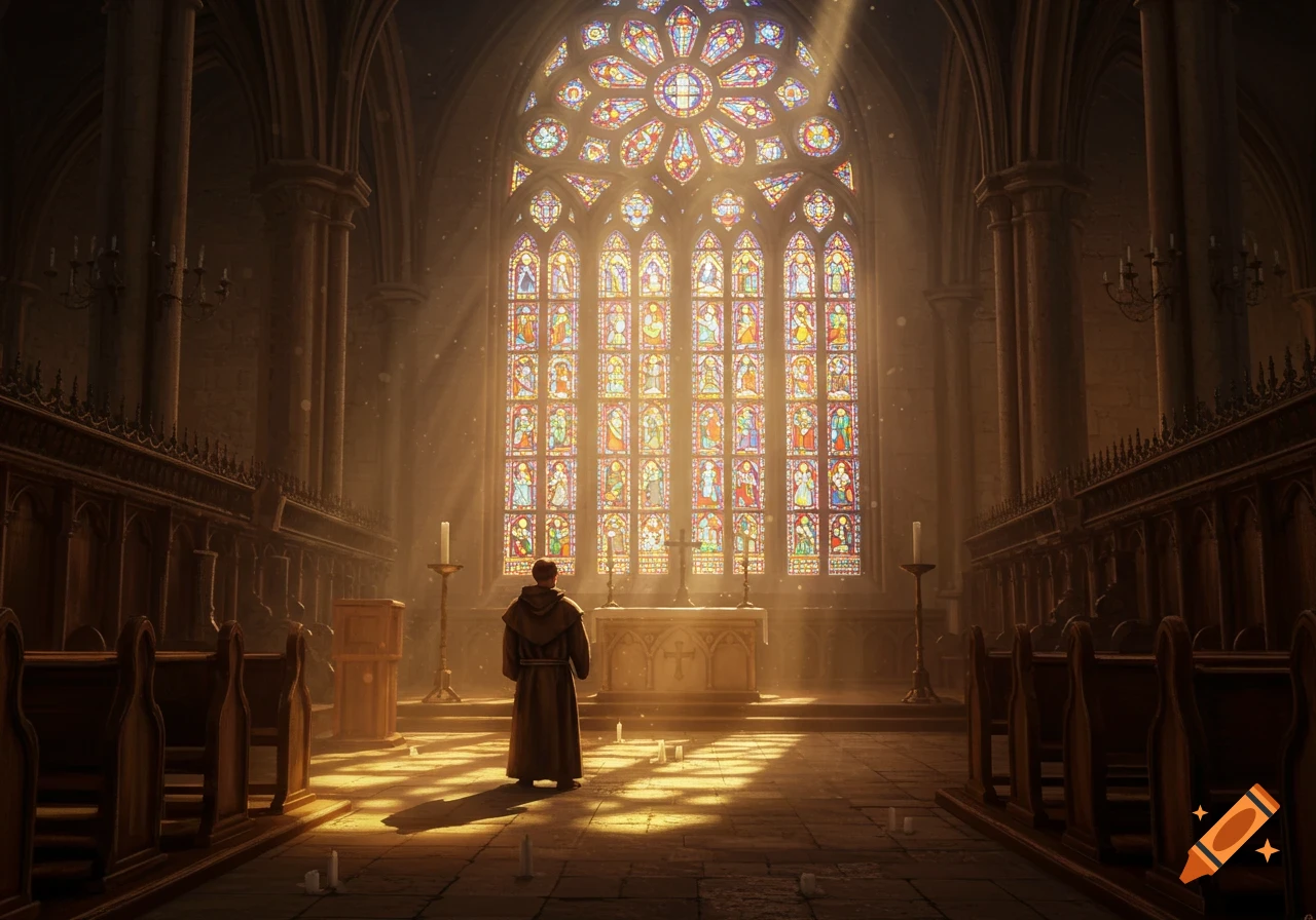 A monk stands in a sunlit cathedral, facing a large, ornate stained-glass window behind an altar.