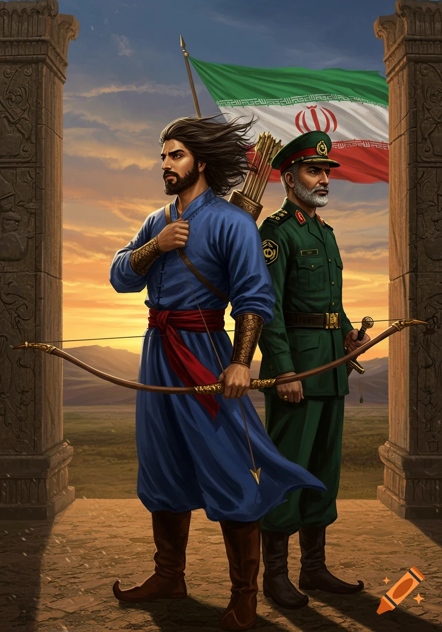 An ancient Persian archer and a modern Iranian general stand back-to-back before a large Iranian flag and stone ruins at sunset.