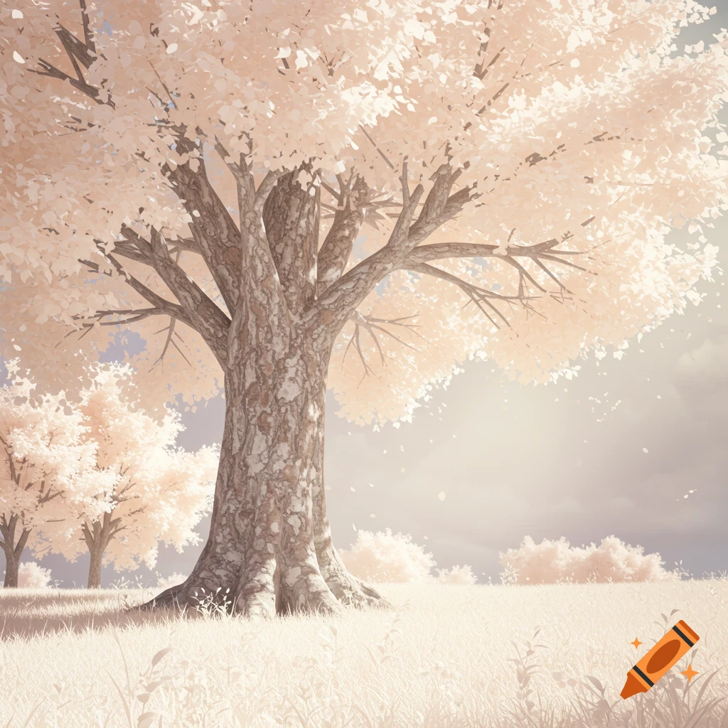 A large, pale tree with many light-colored, almost white leaves stands prominently in a field of pale, soft grass under a muted sky.