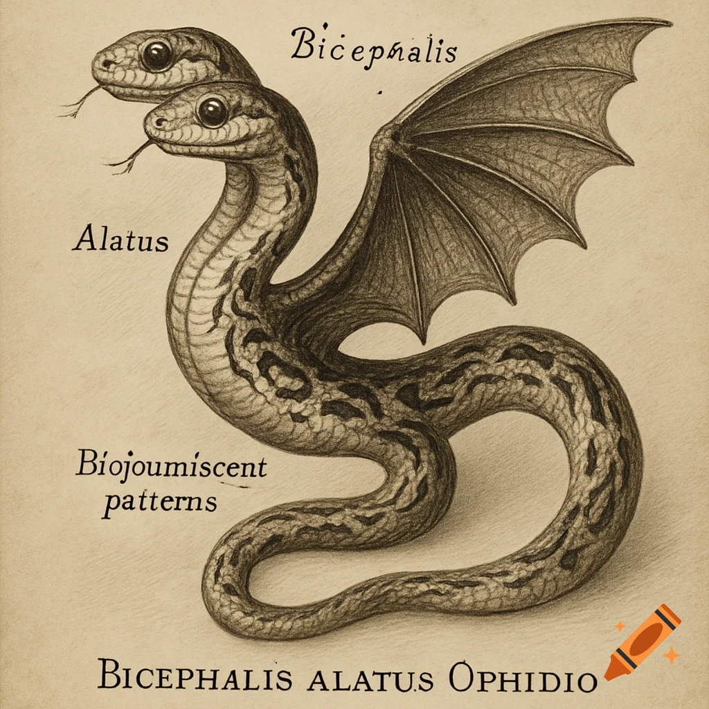 A detailed, sepia-toned scientific illustration of a two-headed winged snake with patterned scales, labeled in an old field guide style.