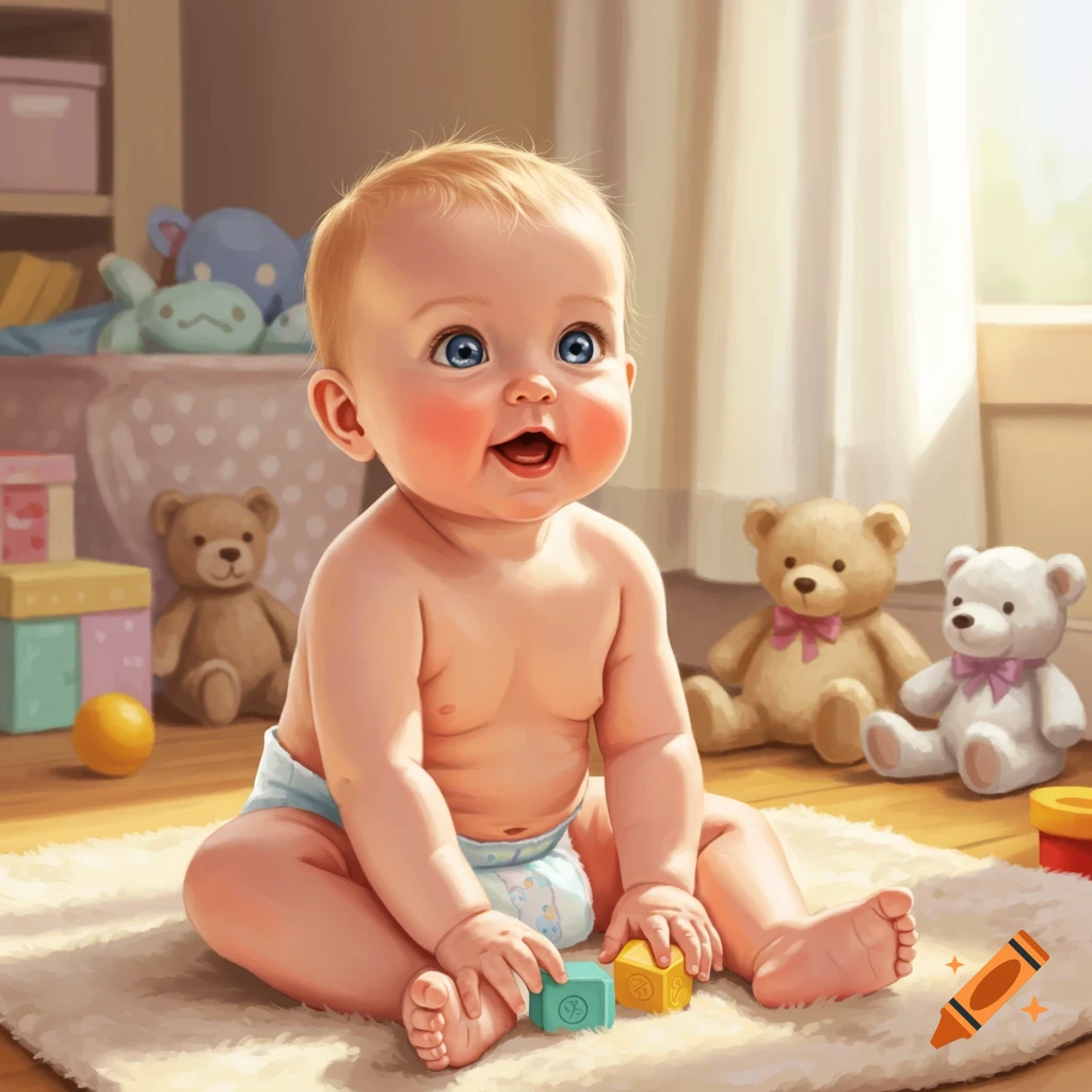 A cute, happy baby with blue eyes sits on a rug, playing with building blocks, surrounded by teddy bears and toys.