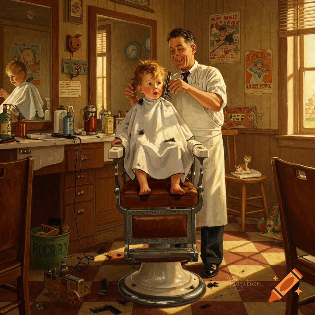A smiling barber cuts a young boy's hair in a traditional barbershop, in a Norman Rockwell painting style.