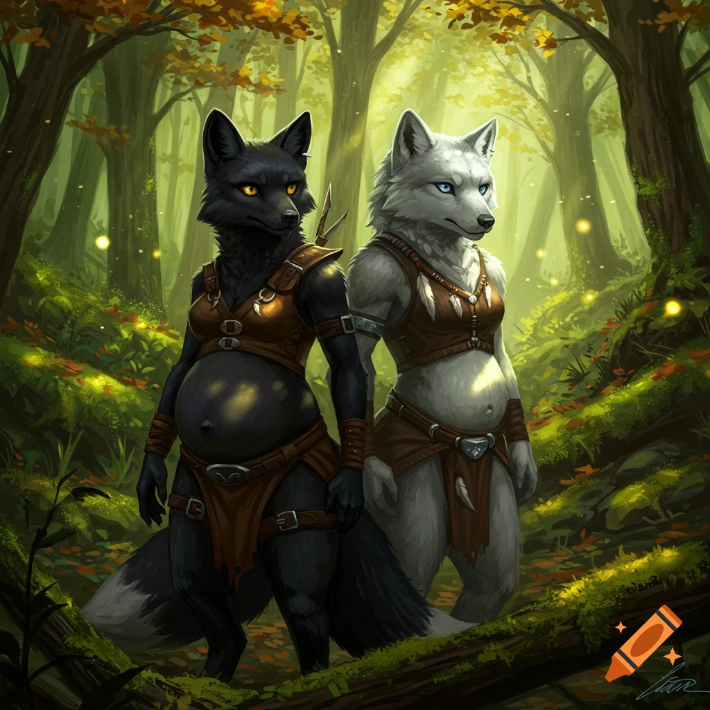 A pregnant black fox and white wolf, dressed in raider outfits, stand side by side in a lush, magical forest.