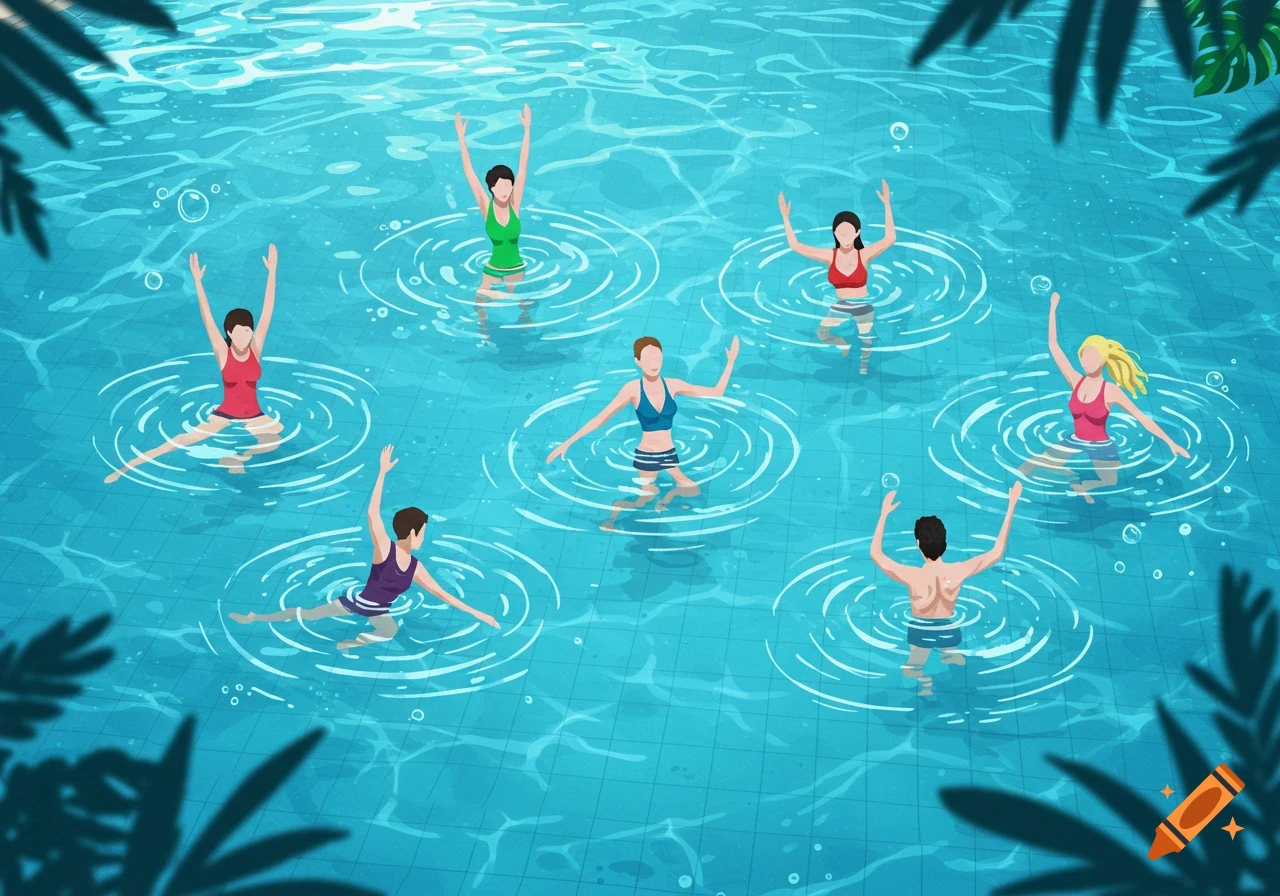 An illustration of seven people performing aquafit exercises in a blue swimming pool, with palm leaves framing the top corners.