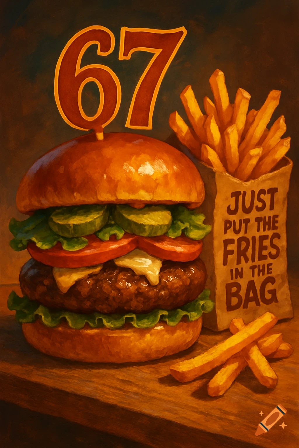Painterly illustration of a tall hamburger with "67" on top, next to a bag of fries with "JUST PUT THE FRIES IN THE BAG" text on a wooden surface.