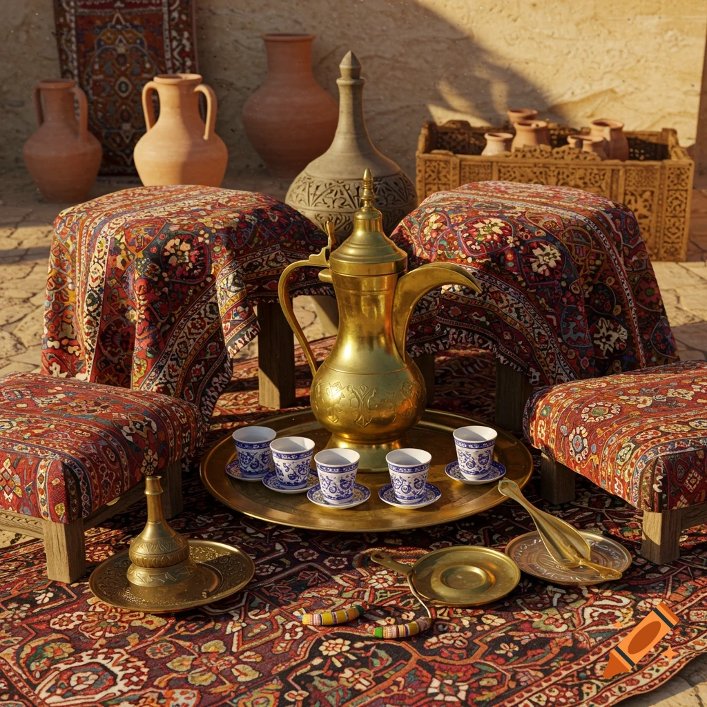 Photorealistic traditional Middle Eastern coffee setup: golden dallah, small cups, patterned stools, and a rug with earthenware pots.