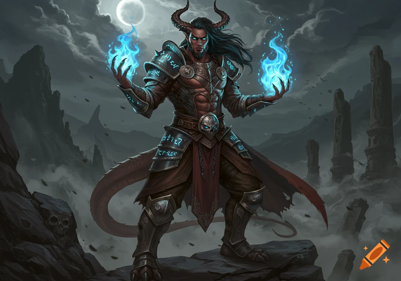 A horned, half-dragon male fighter with long dark hair, wearing ornate armor, stands on rocks amidst ruins under a full moon, wielding blue fire magic in his hands.
