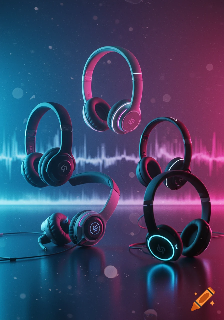 Multiple wireless headphones with glowing earcups in neon pink and blue lighting with reflections and abstract sound waves in the background. Photorealistic style.