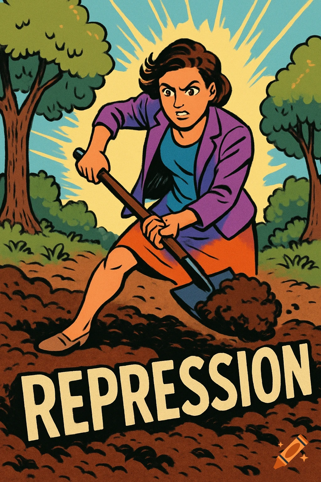 A comic art illustration of a determined woman in a purple jacket and orange skirt digging a shovel into dirt, burying the word "REPRESSION".