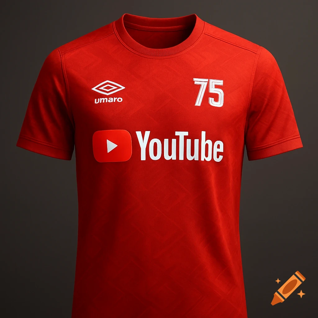 A photorealistic red soccer jersey with a subtle geometric pattern, featuring white Umbro and YouTube logos, and a bold white number 75.