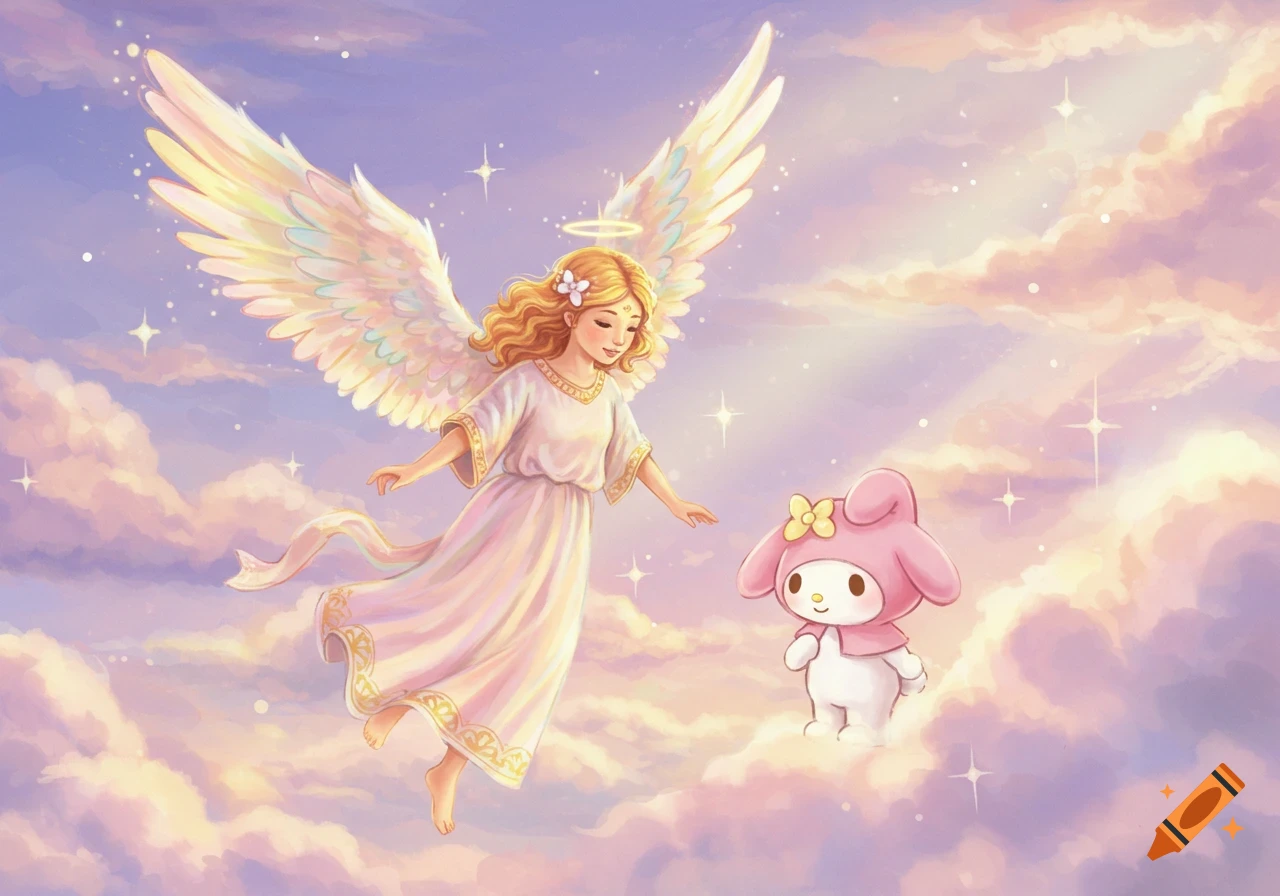 A blonde angel with large wings and a halo floats in a pastel sky, looking at a pink My Melody cartoon character standing on a cloud.