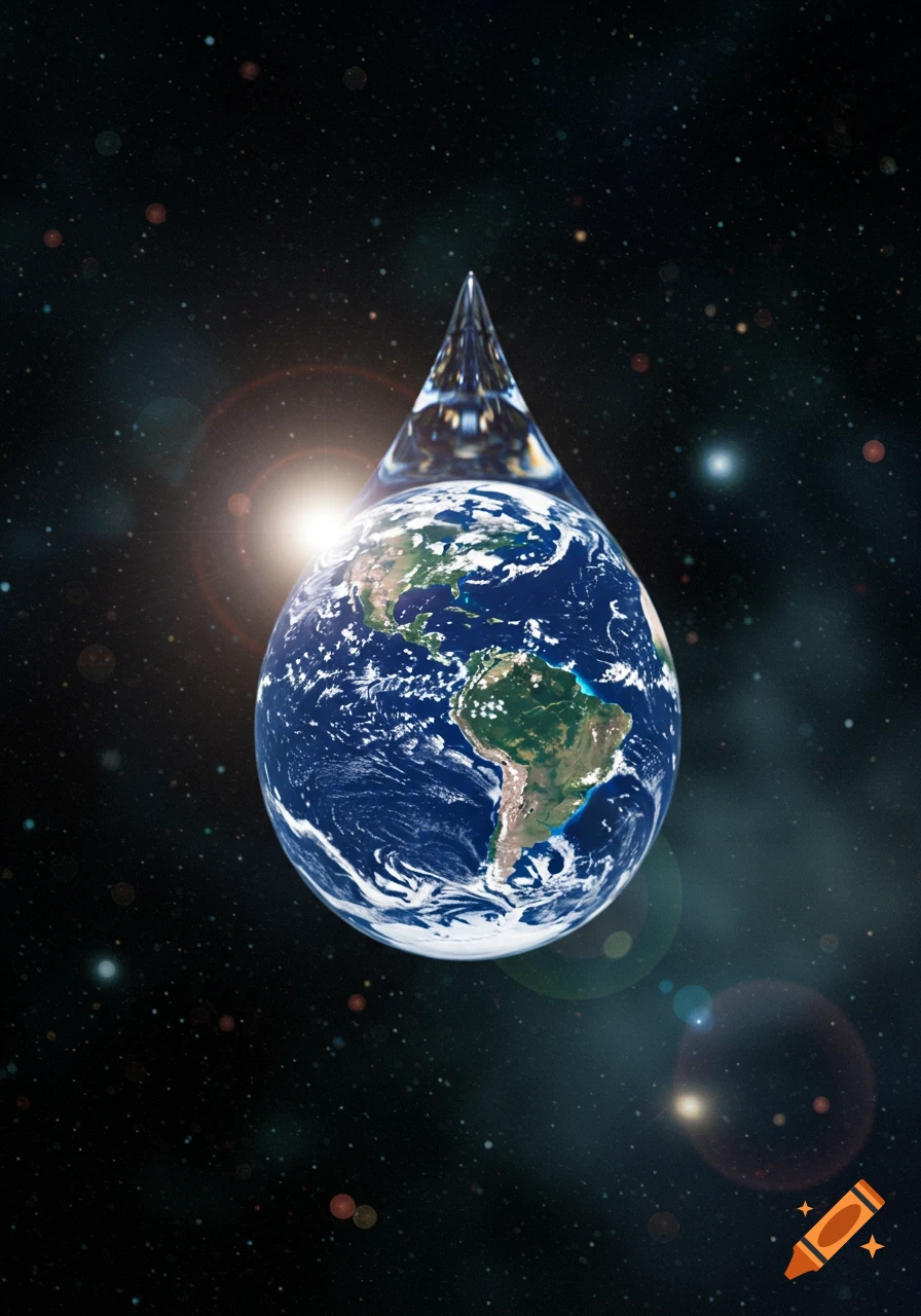 A photorealistic image of planet Earth shaped like a water drop, suspended in starry outer space with a bright sun.