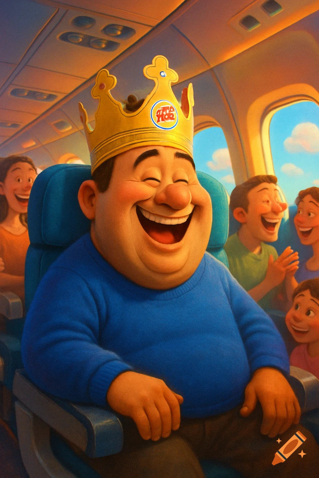 A portly, laughing cartoon man in a blue sweater and a gold crown sits on an airplane, surrounded by other laughing passengers. Pixar style.