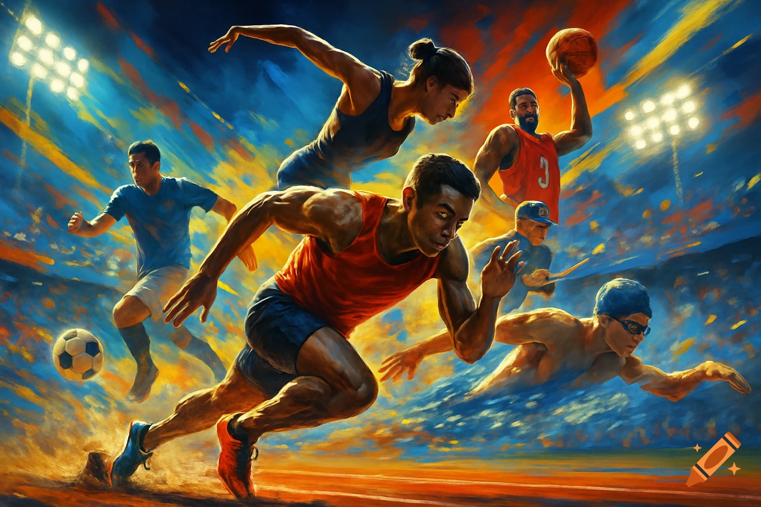 An expressive, painterly illustration of diverse athletes in action, including a runner, soccer player, basketball player, and swimmer, against a dynamic blue and orange background with stadium lights.