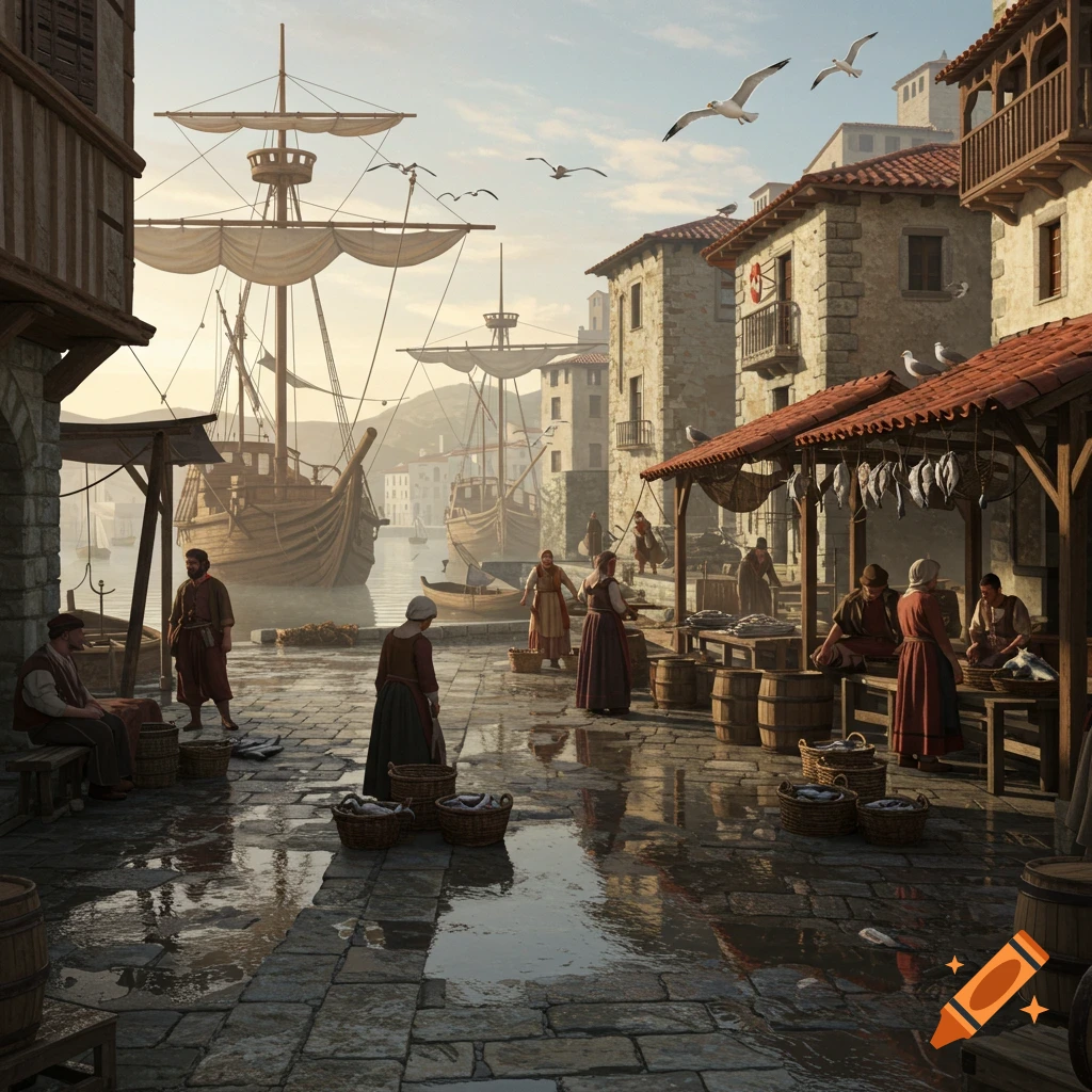 Photorealistic scene of a bustling historical port market with people, wooden sailing ships, stone buildings, and gulls under a sunny sky.