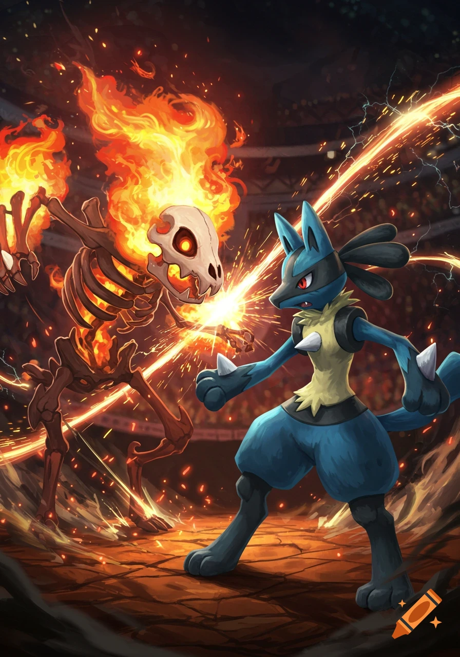 Skeledirge, a fiery skeleton crocodile, and blue Lucario battle in a glowing arena with sparks and flames.