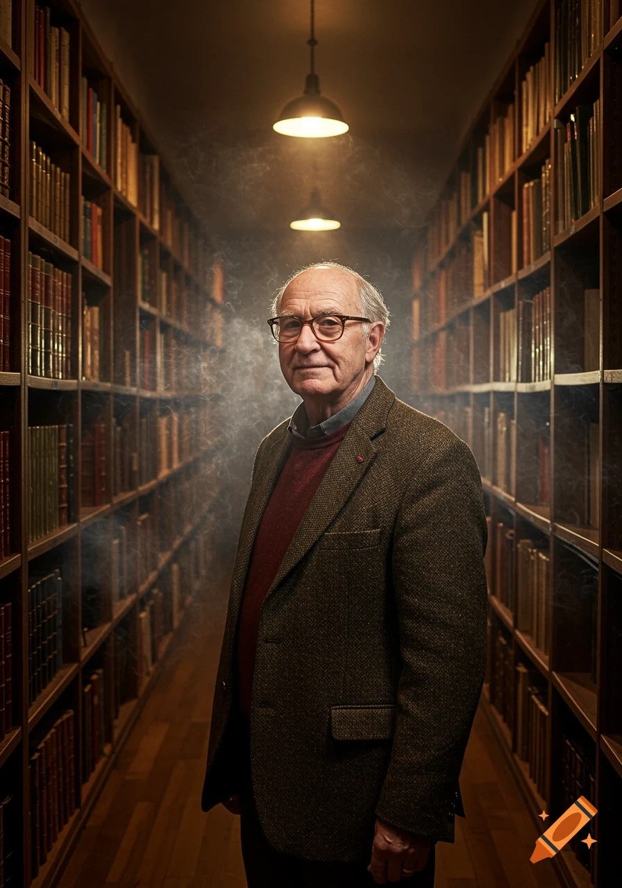 A distinguished older man with glasses and a tweed jacket stands in a dimly lit library aisle, looking directly at the viewer.