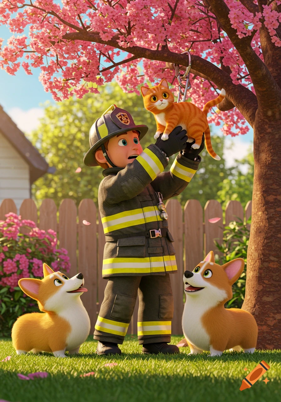 A Pixar-style illustration of a firefighter rescuing an orange cat from a cherry blossom tree, while two corgi dogs watch from below.